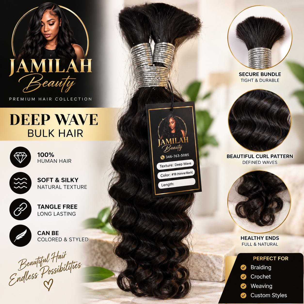 Jamilah Beauty Boho Braids Curly Bulk Hair – Natural Black - Image 2